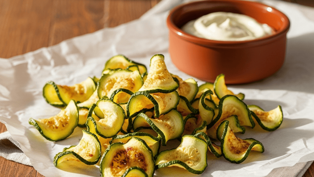 Thin baked zucchini chips, golden and slightly curled, spread on parchment paper, small bowl of dip nearby