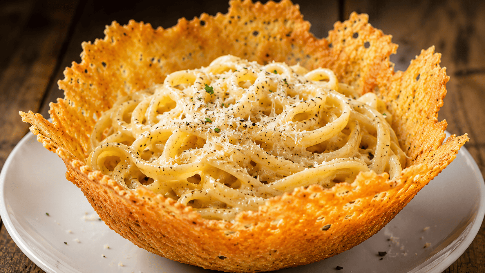 Pasta served inside an edible bowl made from a crisped parmesan wheel