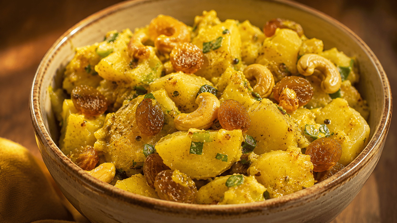 Golden curried potato salad with raisins and cashews, small bowl, warm side lighting