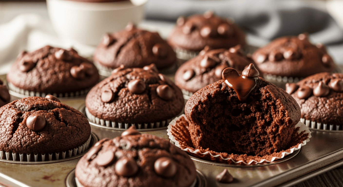 Muffin tin of dark chocolate zucchini muffins with a few chocolate chips still melting on top, one muffin broken open
