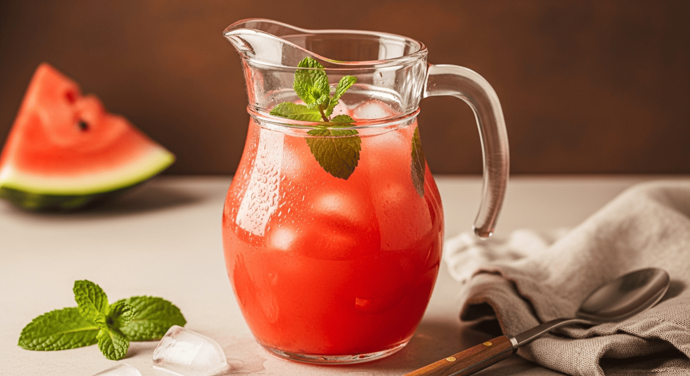 A pitcher of bright coral-pink watermelon agua fresca on ice, mint leaves floating, condensation on the glass