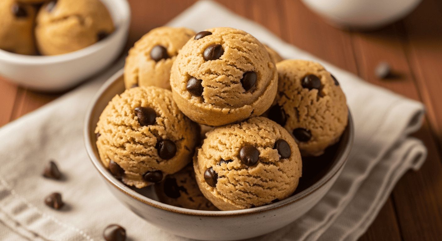 Scooped balls of edible cookie dough in a small bowl, chocolate chips throughout