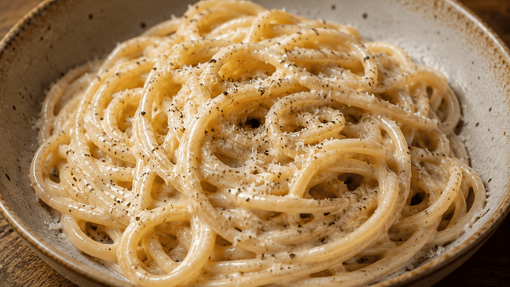 Glossy black pepper pasta being tossed off-heat with a fork, cheese sauce clinging to the noodles