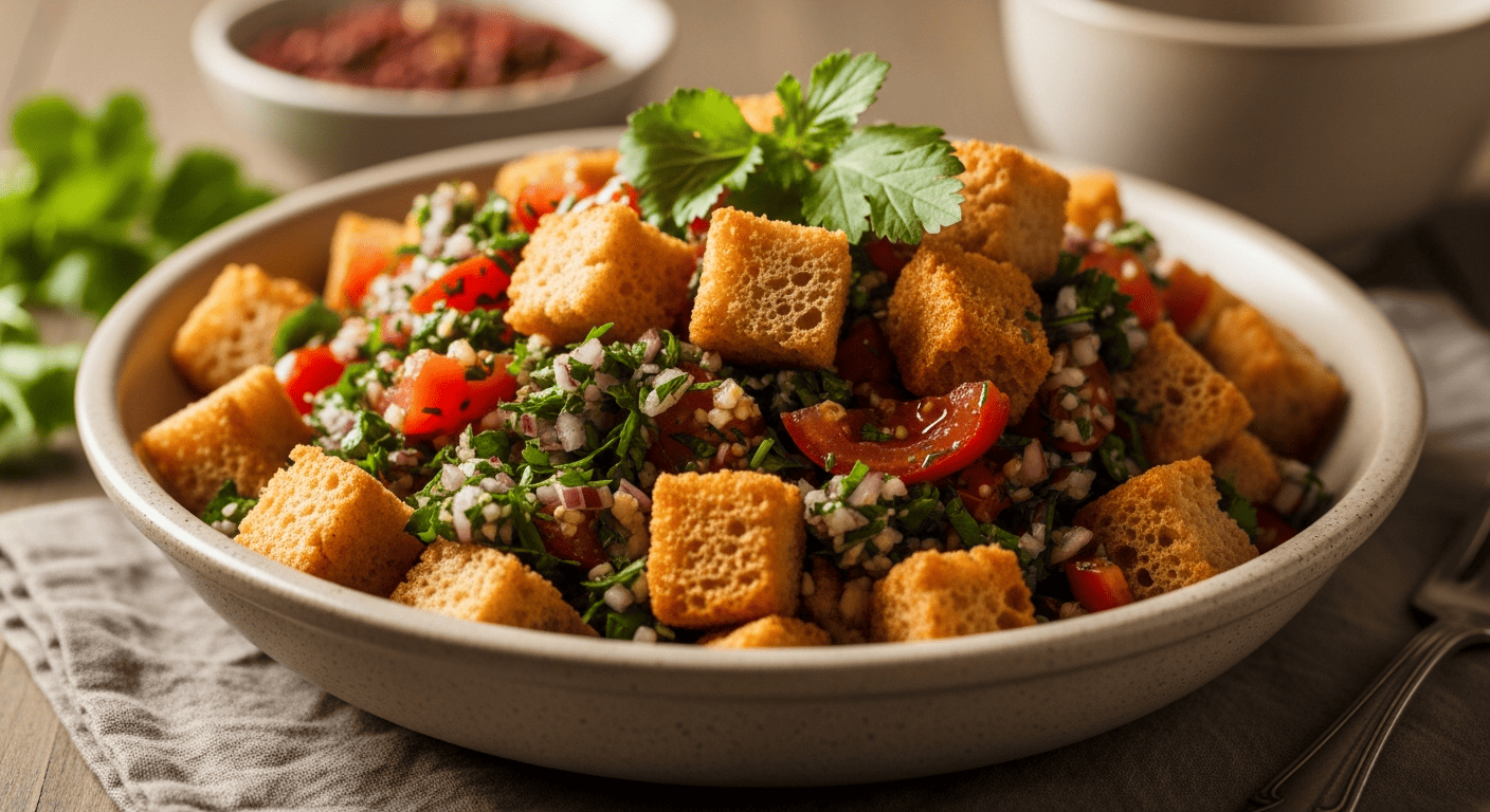 Fattoush salad with shattered toasted pita, sumac-dusted vegetables and romaine, in a wide ceramic bowl