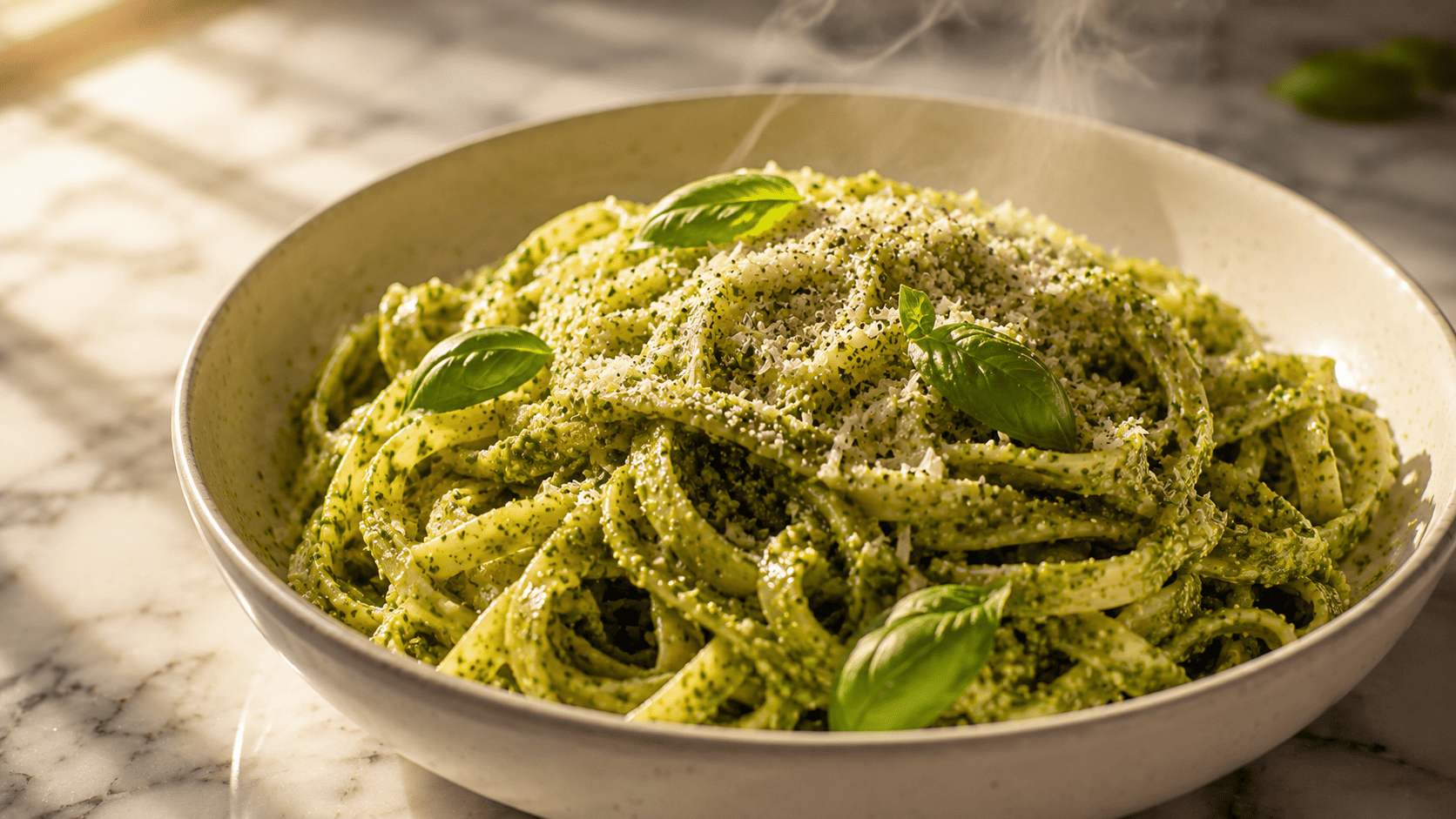 Classic basil pesto tossed with pasta and topped with extra Parmesan and pine nuts