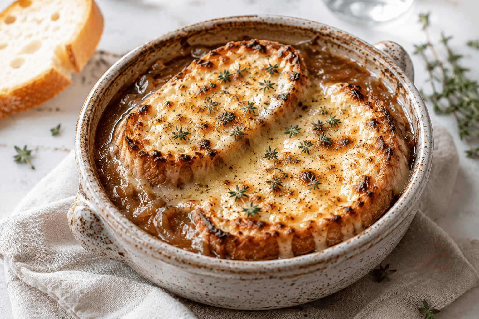 French onion soup with bubbling melted gruyère and toasted baguette, broiler-browned top, moody dark bowl