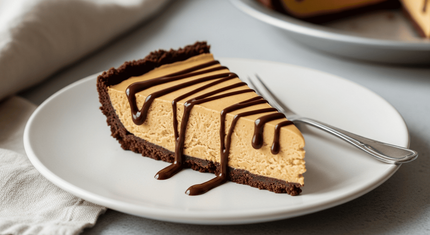 A slice of frozen peanut butter pie on a plate, chocolate crust visible