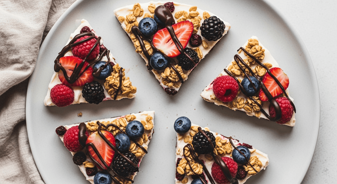 Broken shards of frozen yogurt bark topped with berries, granola, and chocolate drizzle
