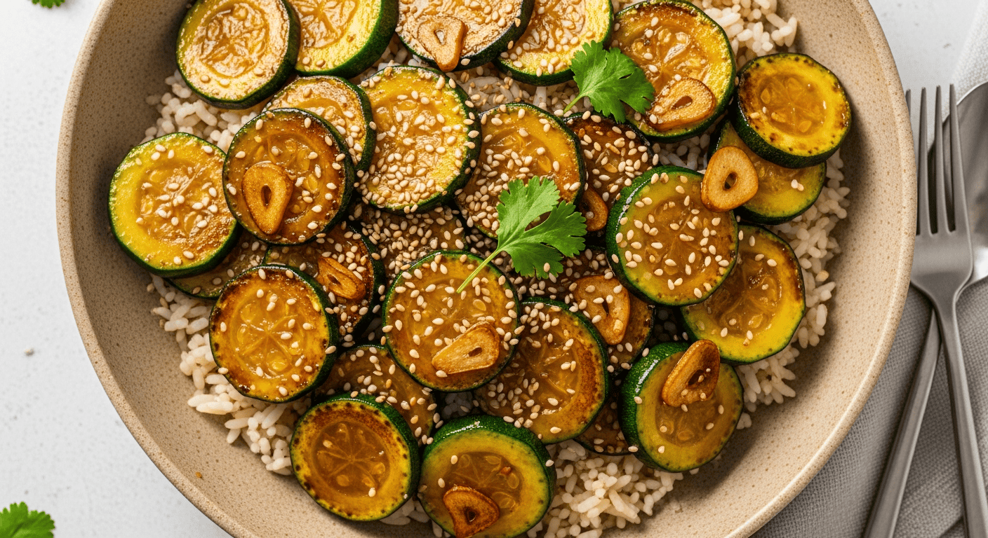 Sliced zucchini stir-fried in a wok with garlic and sesame seeds, glossy sauce, served over rice