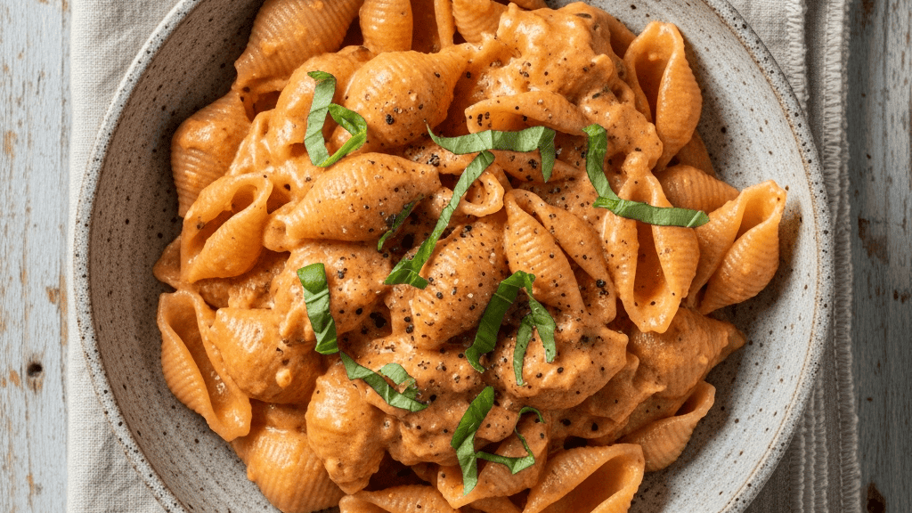 Shell pasta coated in blush-pink vodka sauce, garnished with basil and cracked pepper