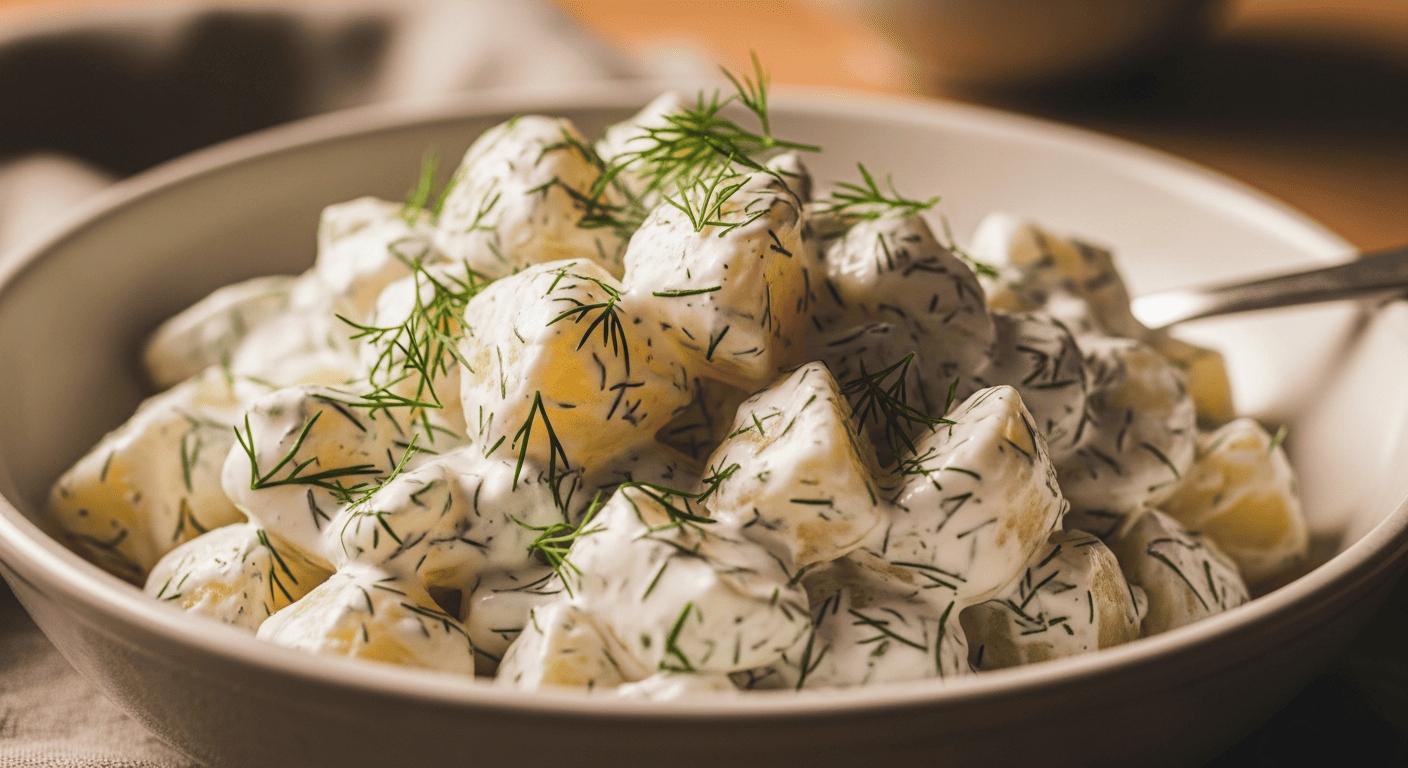 Creamy white potato salad flecked with fresh dill, ceramic bowl, natural light