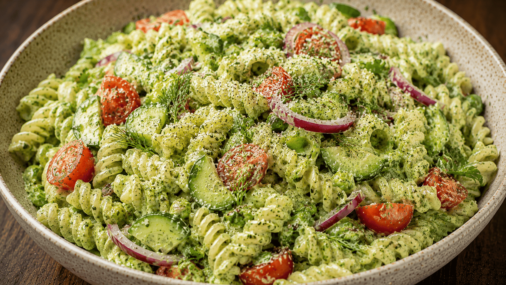 Bright green herby pasta salad in a bowl with cucumber, peas, and feta