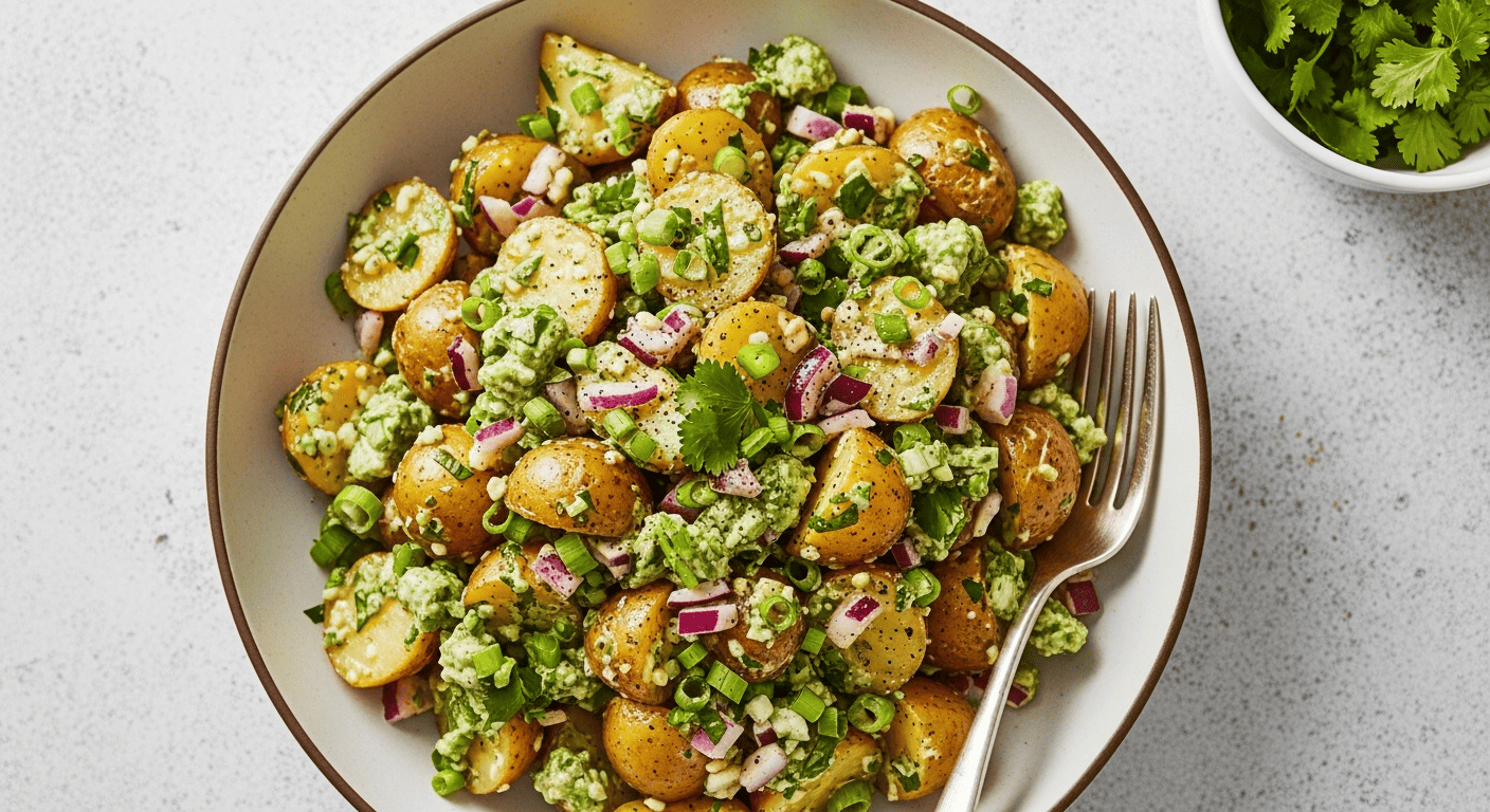 Vivid green herb-coated baby potatoes in a white ceramic bowl, overhead shot