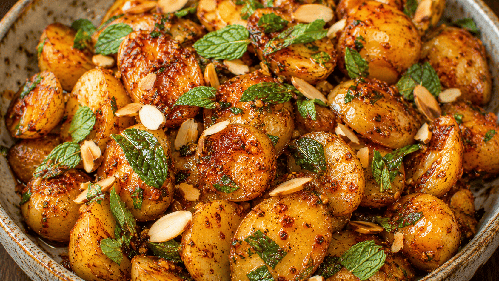 Potatoes glazed in harissa oil, fresh mint leaves and toasted almonds scattered on top