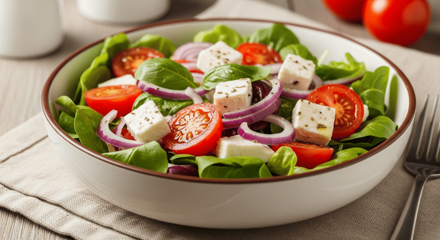 Thick-cut tomato, cucumber, red onion and a slab of feta on a rustic plate, oregano dusted on top