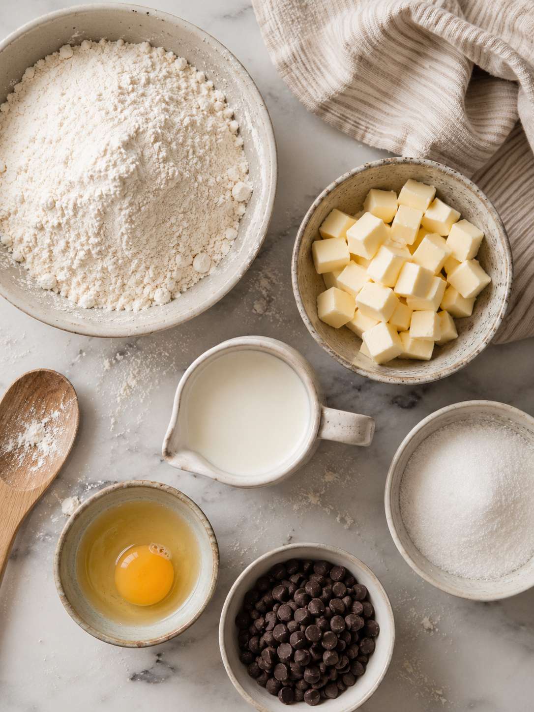 Scone ingredients laid out flat &mdash; flour, cold butter, heavy cream, sugar, egg, and chocolate chips