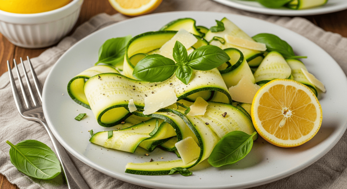 Pale green zucchini ribbons peeled into loose curls on a plate, torn basil, lemon wedge, shaved parmesan