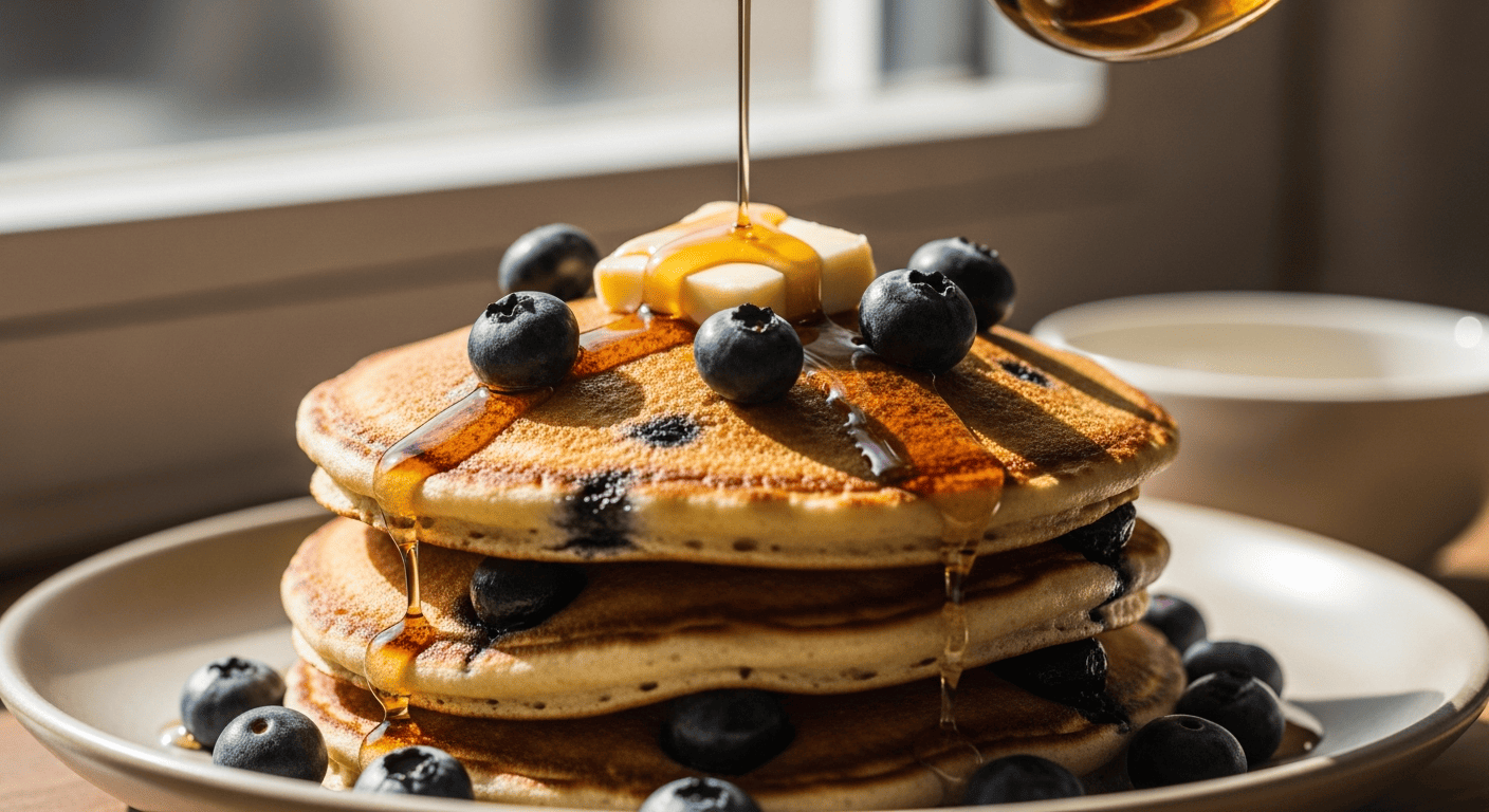 Stack of lemon blueberry buttermilk pancakes studded with whole blueberries, butter melting on top