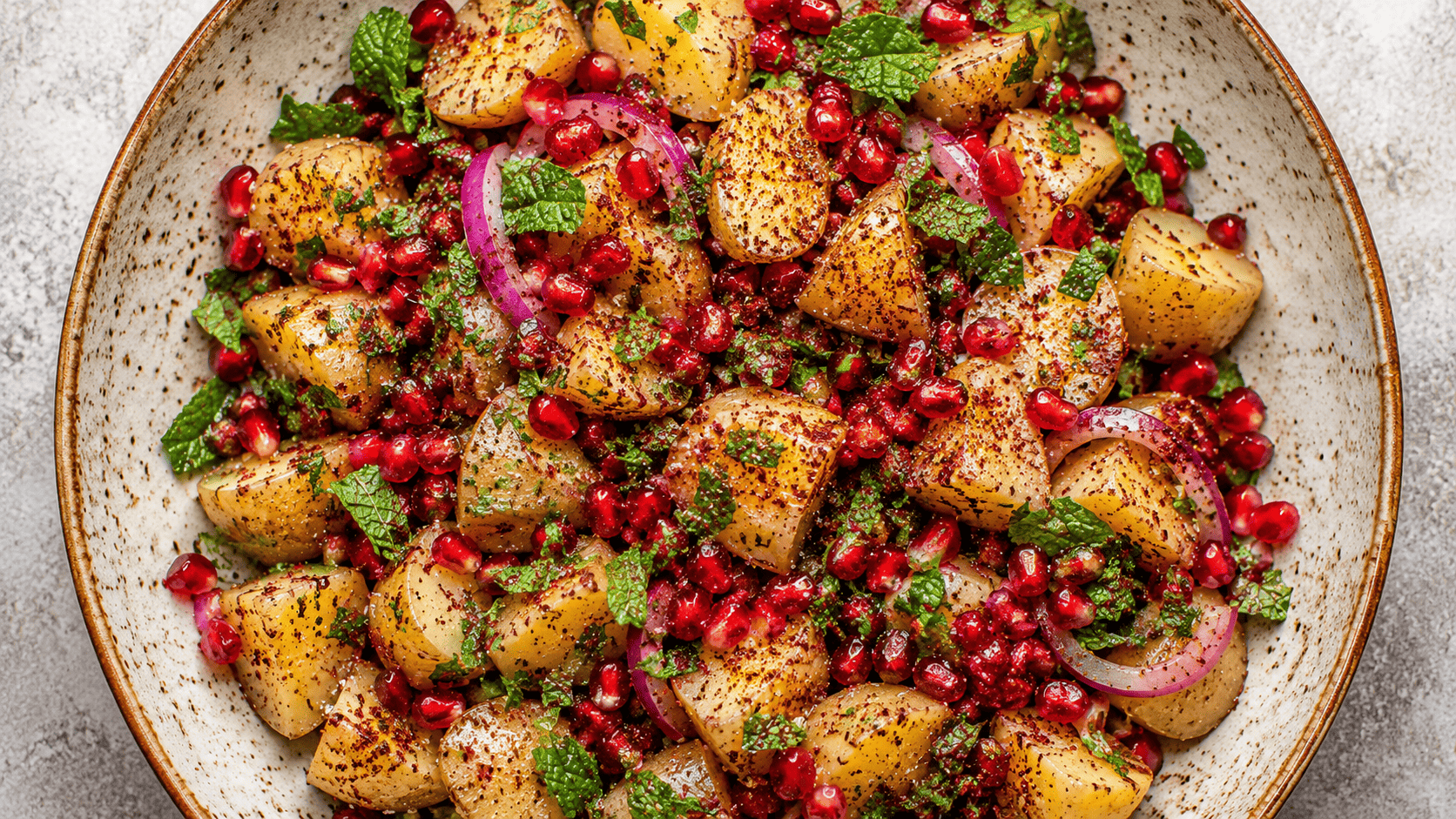 Potato salad topped with ruby pomegranate seeds, mint, and a dusting of sumac, overhead shot