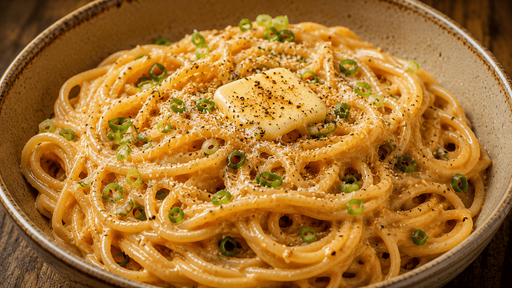 Pasta coated in a golden miso-butter sauce with a soft egg yolk on top