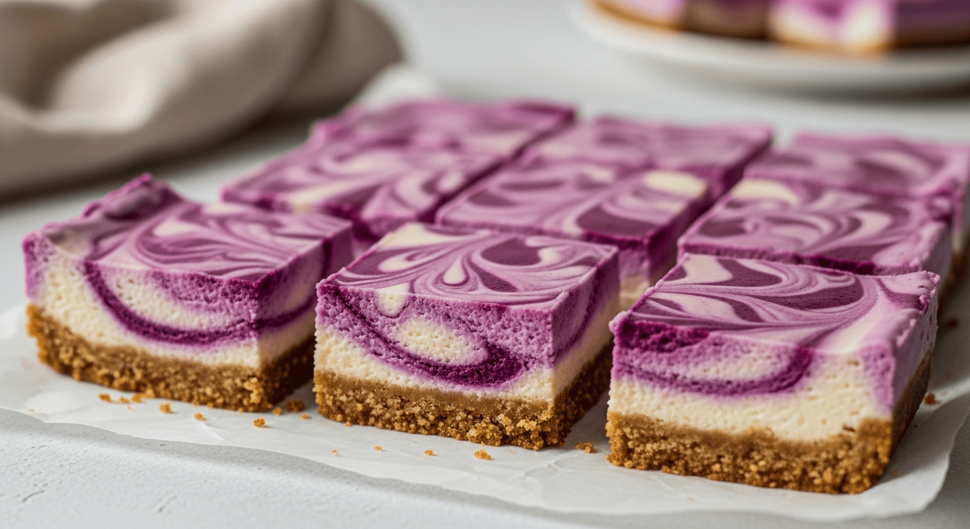 Sliced no-bake blueberry cheesecake bars on parchment showing a marbled purple swirl through the filling