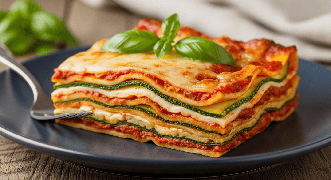 Cross-section slice of lasagna showing thin zucchini layers instead of pasta, melted cheese, red sauce
