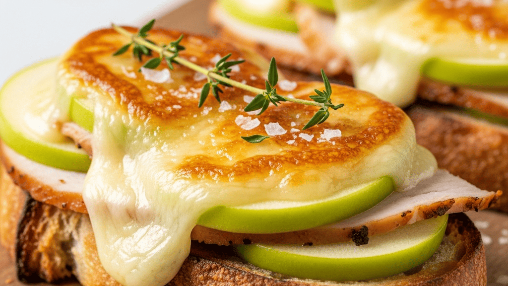 Open-face turkey apple melt with bubbling melted cheddar, straight from the broiler