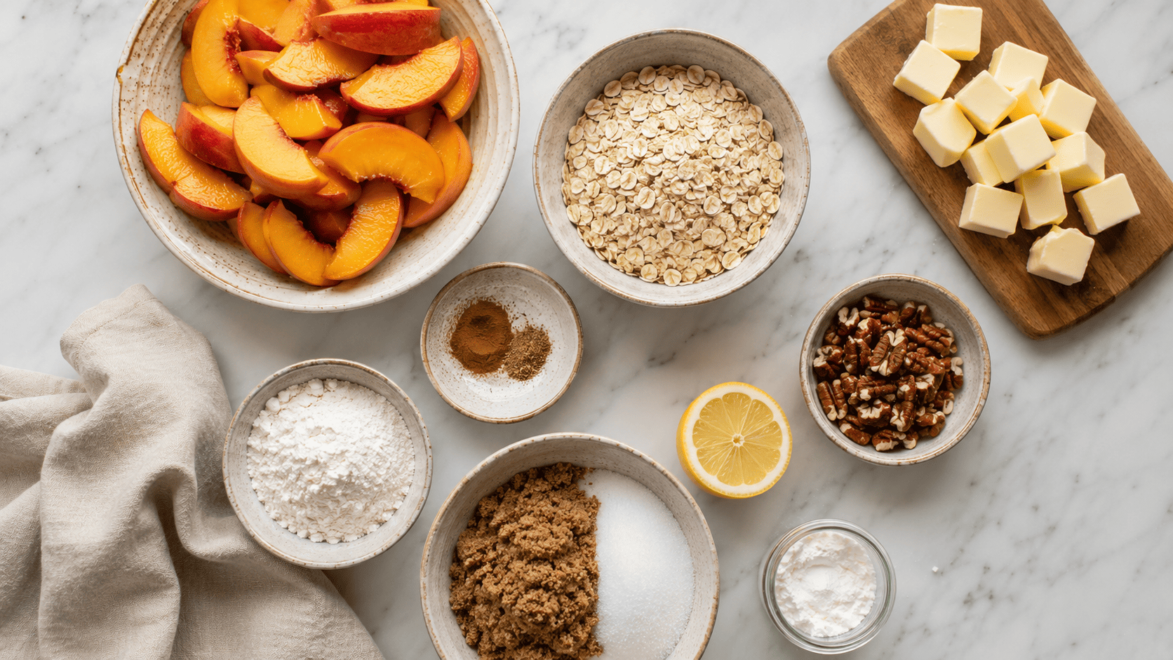 Overhead flat lay of peach crisp ingredients on a white marble countertop — sliced peaches, oats, flour, brown sugar, cinnamon and butter