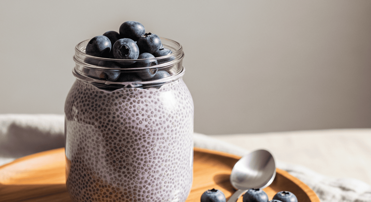 Mason jar of violet-tinted overnight blueberry chia pudding topped with fresh blueberries