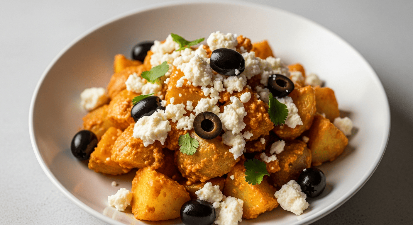 Golden potatoes in aji amarillo dressing, crumbled queso fresco, black olive garnish