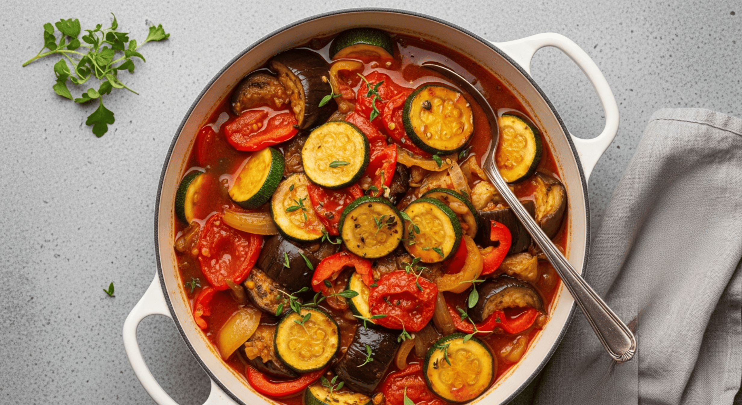Rustic stew of zucchini, eggplant, peppers, and tomato in a shallow dutch oven, herbs scattered on top