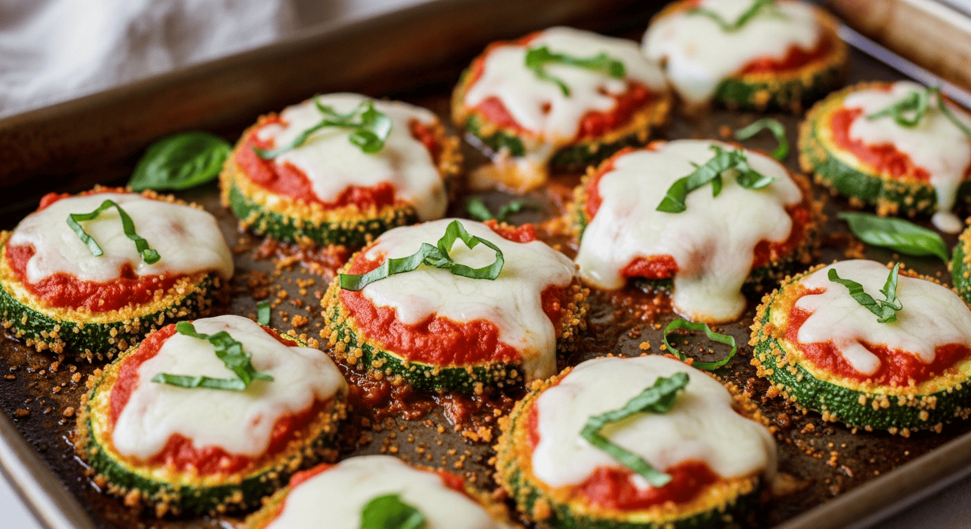 Breaded zucchini rounds under melted mozzarella and marinara on a sheet pan, fresh basil scattered on top