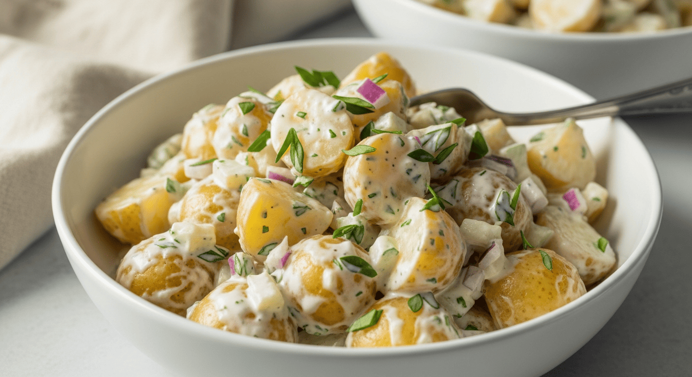 Creamy ranch-style potato salad with fresh herbs, rustic serving bowl, soft daylight
