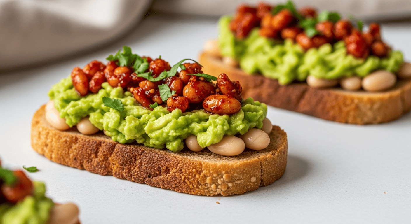 Avocado white bean toast topped with glistening red chili crisp, close overhead crop
