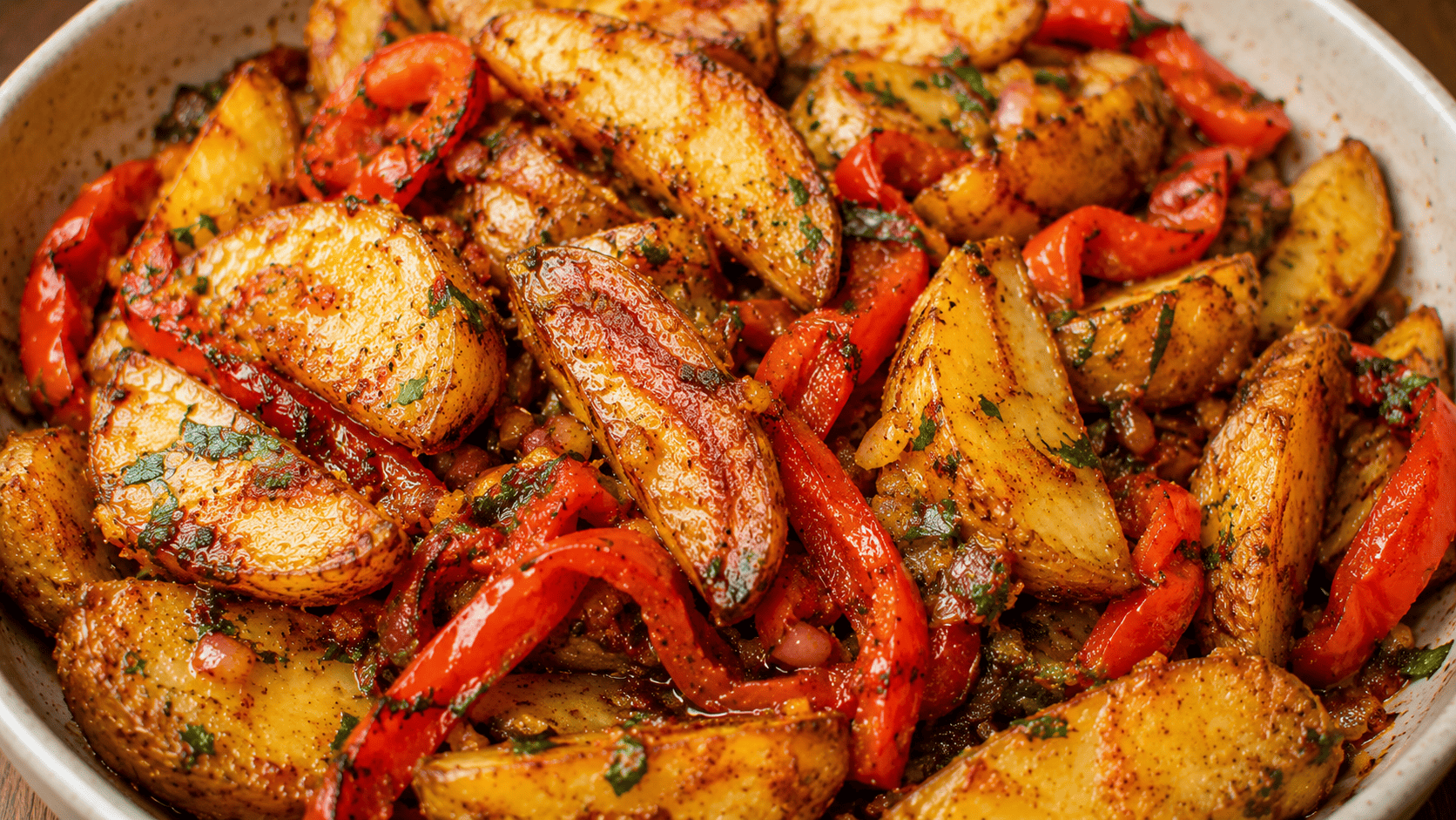 Roasted potato wedges with charred edges, smoked paprika oil, strips of roasted red pepper