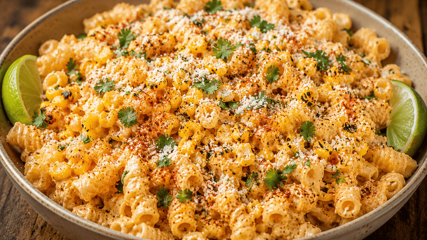 Pasta tossed with charred corn, cotija cheese, lime, and chili powder