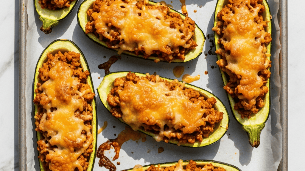 Hollowed zucchini halves filled with seasoned ground turkey and rice, topped with melted cheese, on a baking sheet