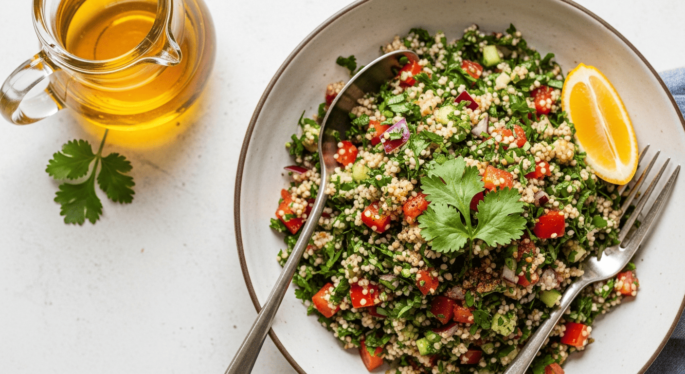 A vividly green parsley-forward tabbouleh in a bowl, flecks of tomato and bulgur visible, lemon wedge alongside