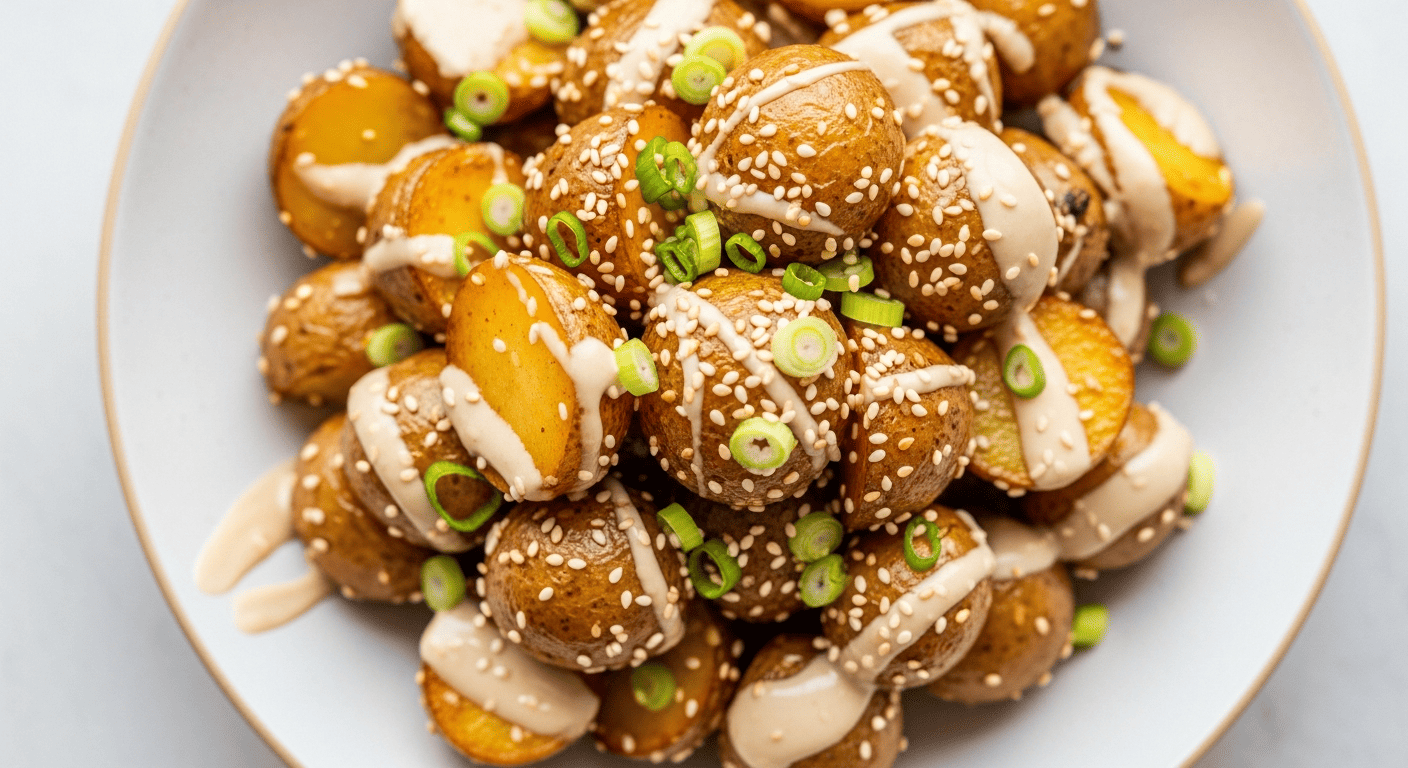 Potato salad coated in pale tahini dressing, sesame seeds and chopped scallion on top