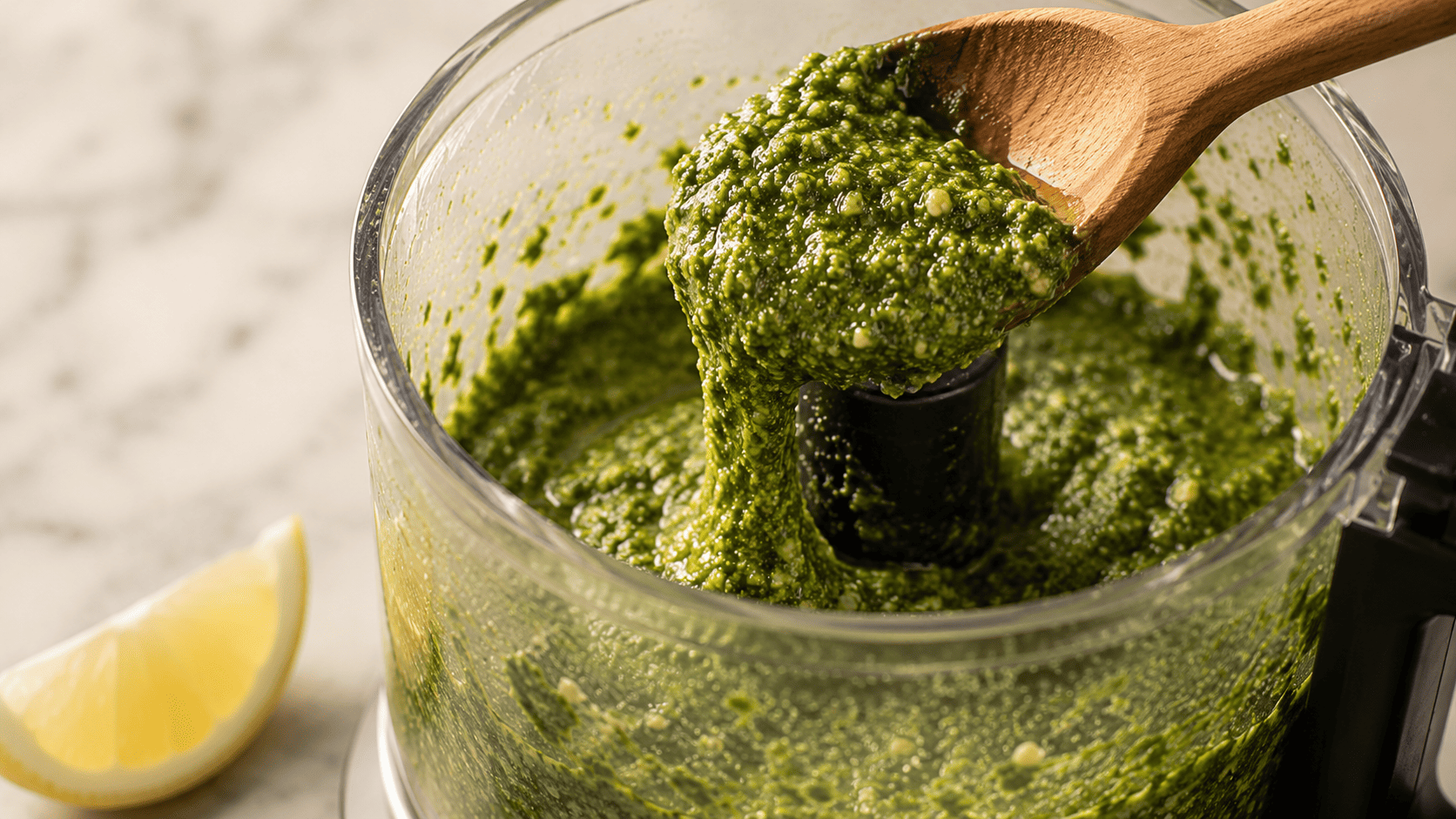 Finished basil pesto in the food processor bowl, bright green and glossy