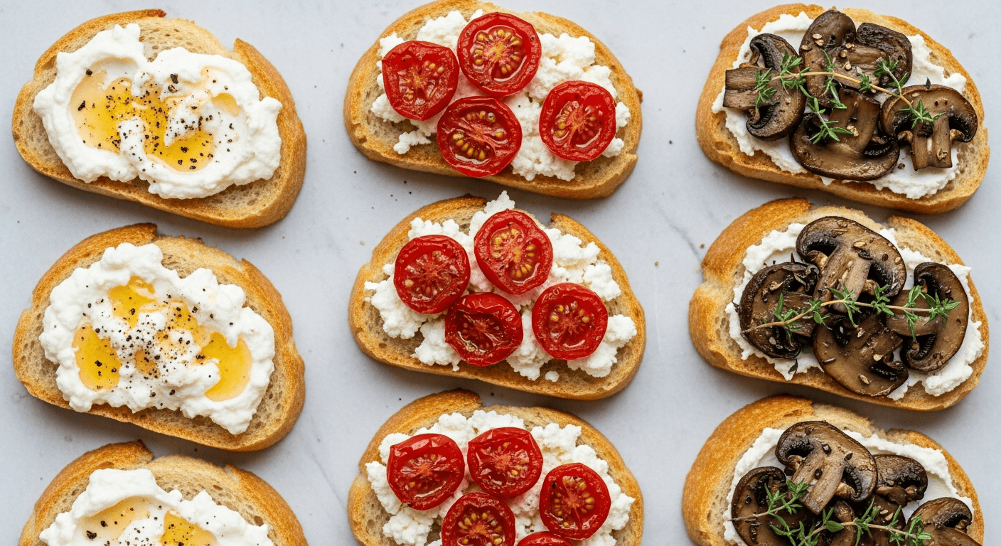 Toasted baguette slices topped three different ways — ricotta with honey and black pepper
