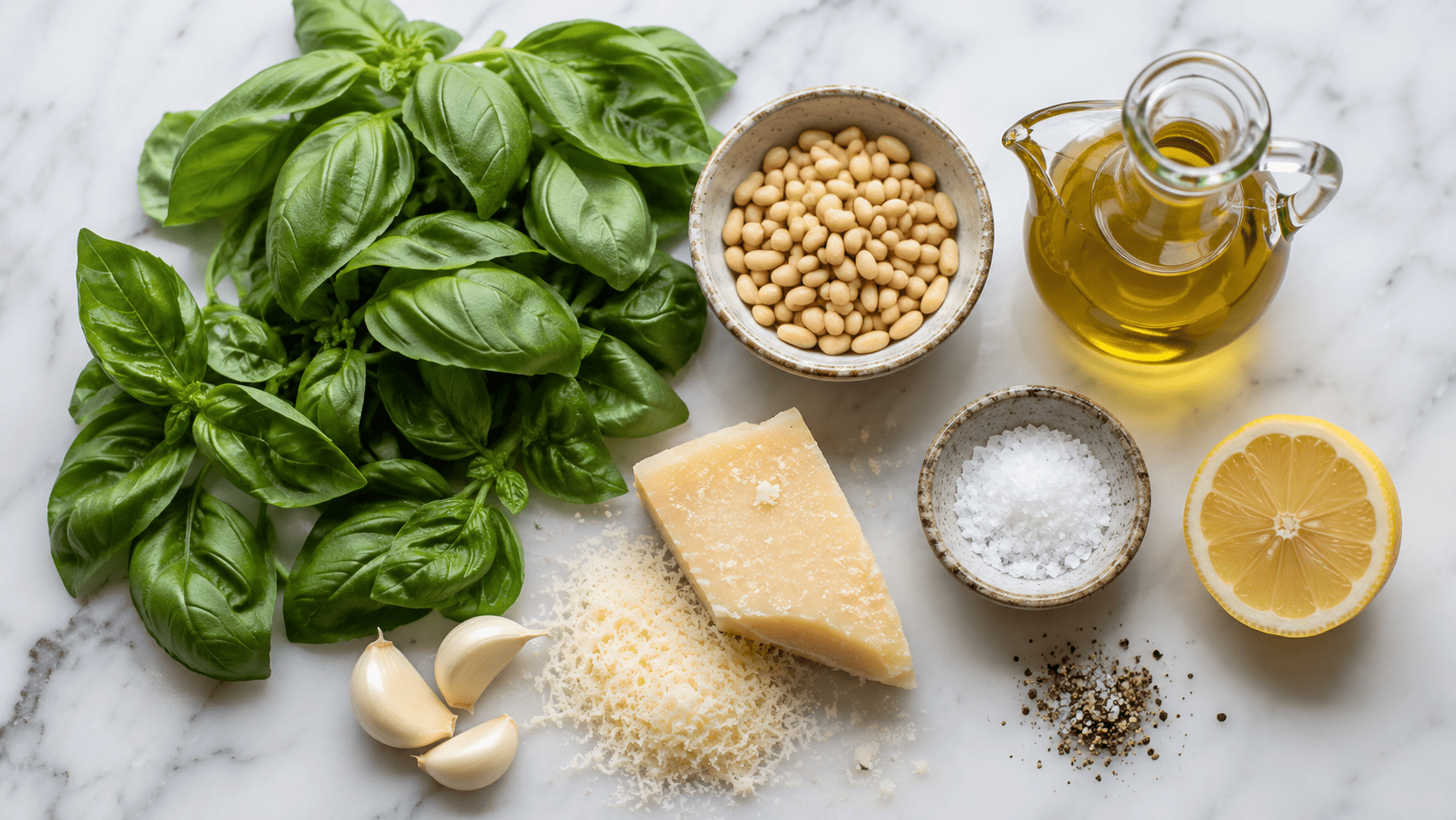 All basil pesto ingredients laid out flat &mdash; fresh basil, pine nuts, garlic cloves, a wedge of Parmesan, and olive oil