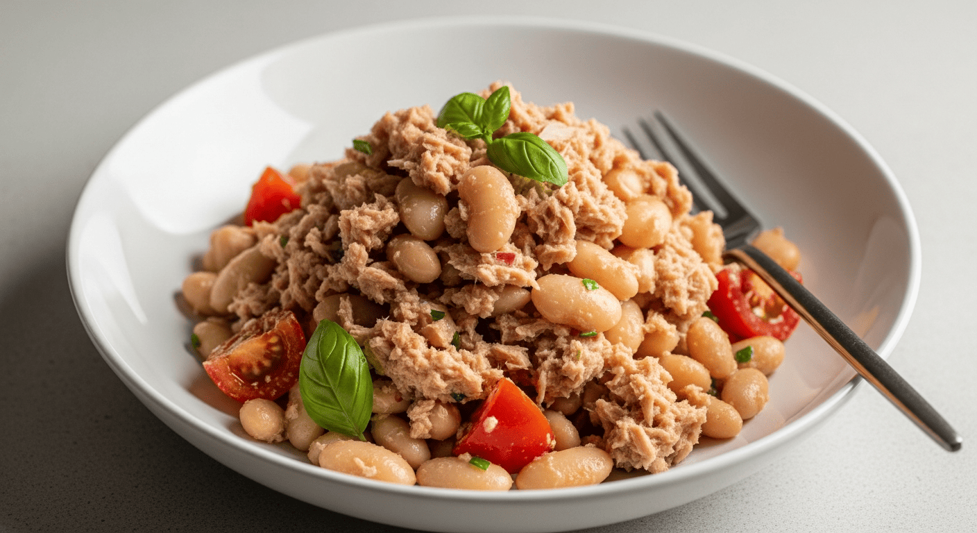 Canned tuna and white beans tossed with red onion and parsley on a small plate, lemon wedge on the side