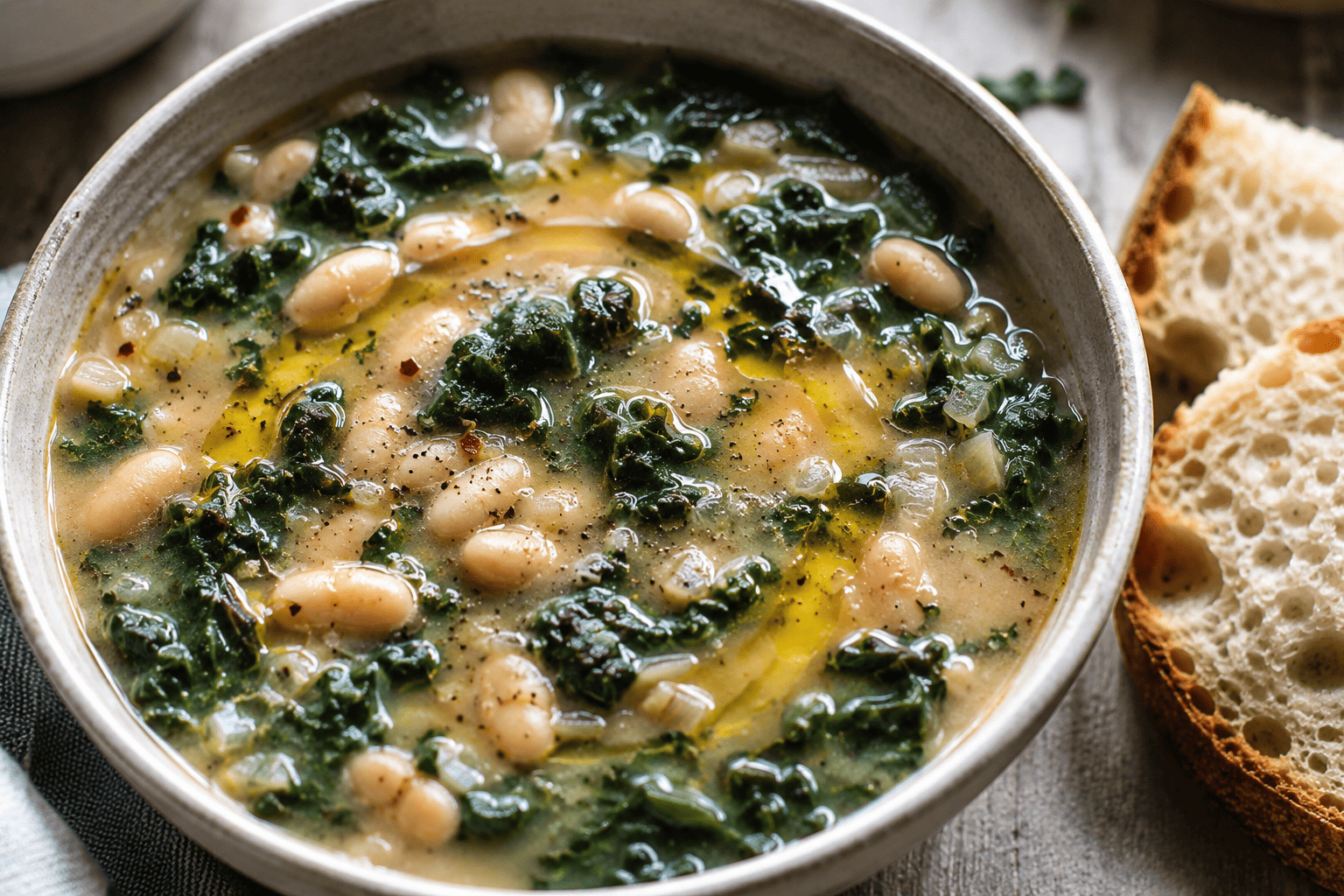 Tuscan white bean and kale soup with a swirl of olive oil, rustic bread on the side, natural light