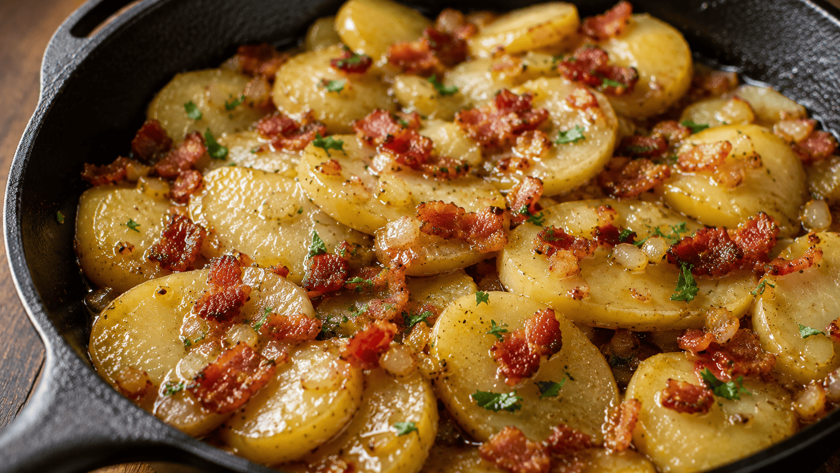 Sliced potatoes in a warm bacon-vinegar dressing, cast iron skillet, crispy bacon bits on top