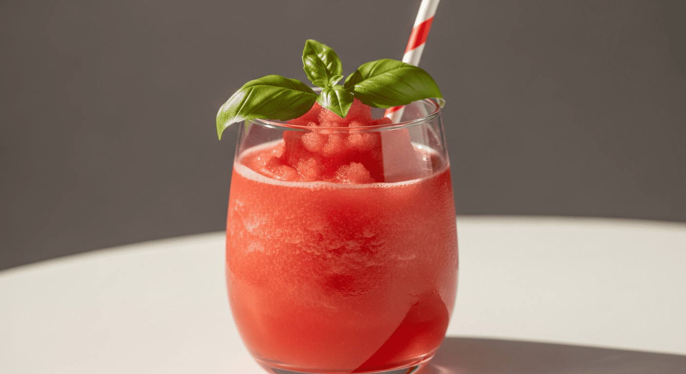 Thick pink watermelon slushie in a glass, basil leaf garnish, close-up texture shot
