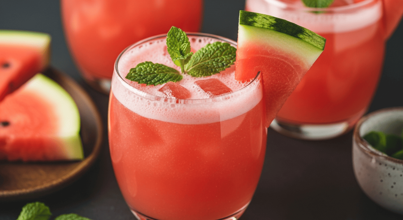 Watermelon mint agua fresca poured into a tall glass over ice, mint sprig garnish