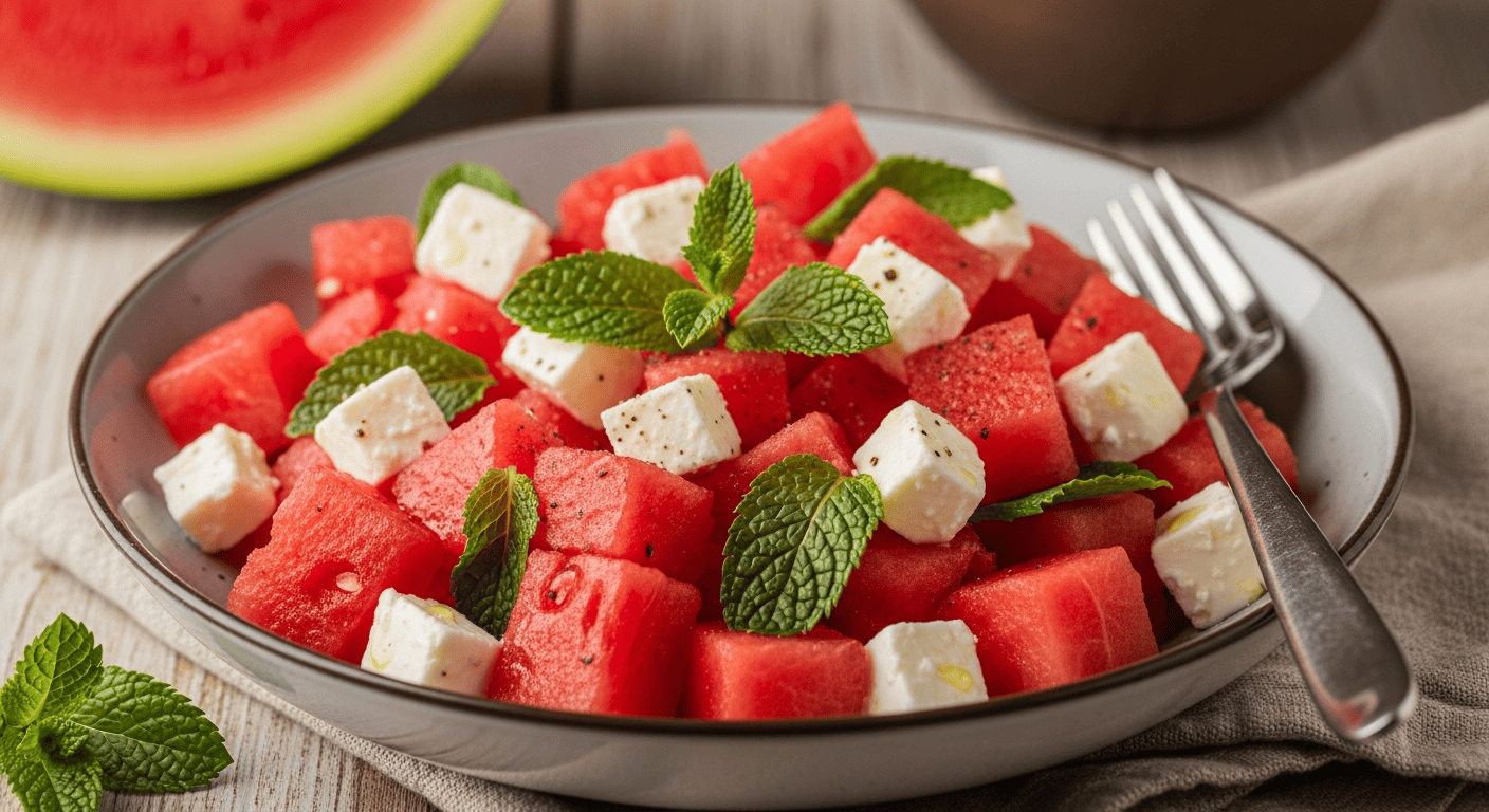 Cubed watermelon and crumbled feta in a shallow bowl, torn mint leaves scattered on top