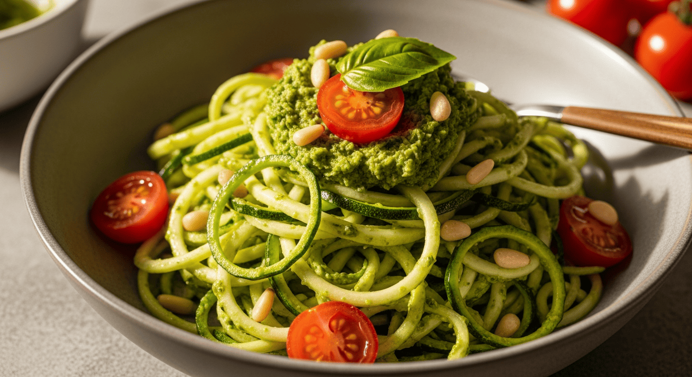Spiralized zucchini noodles tossed in bright green pesto, cherry tomatoes and pine nuts on top