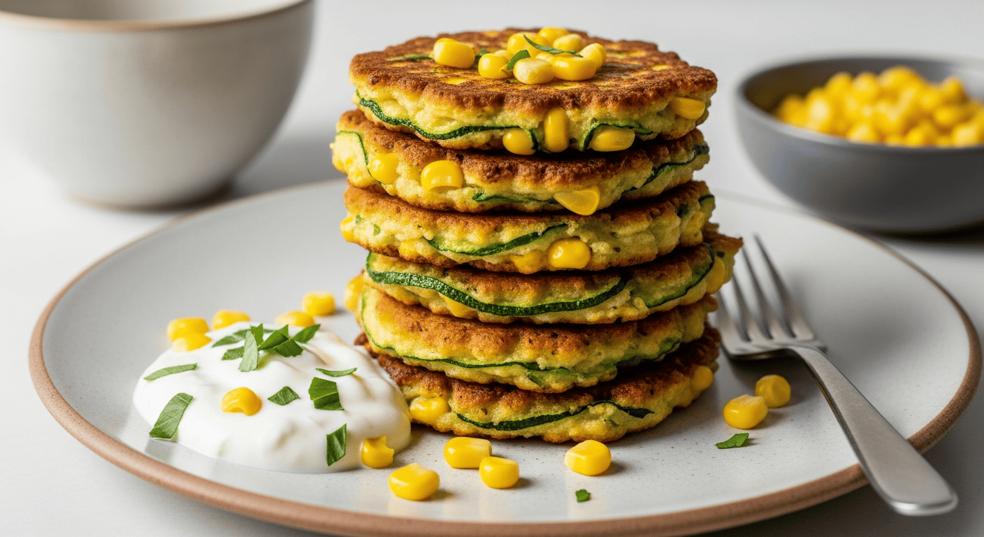 Stack of golden-brown zucchini and corn fritters on a plate with a dollop of yogurt sauce and scattered corn kernels